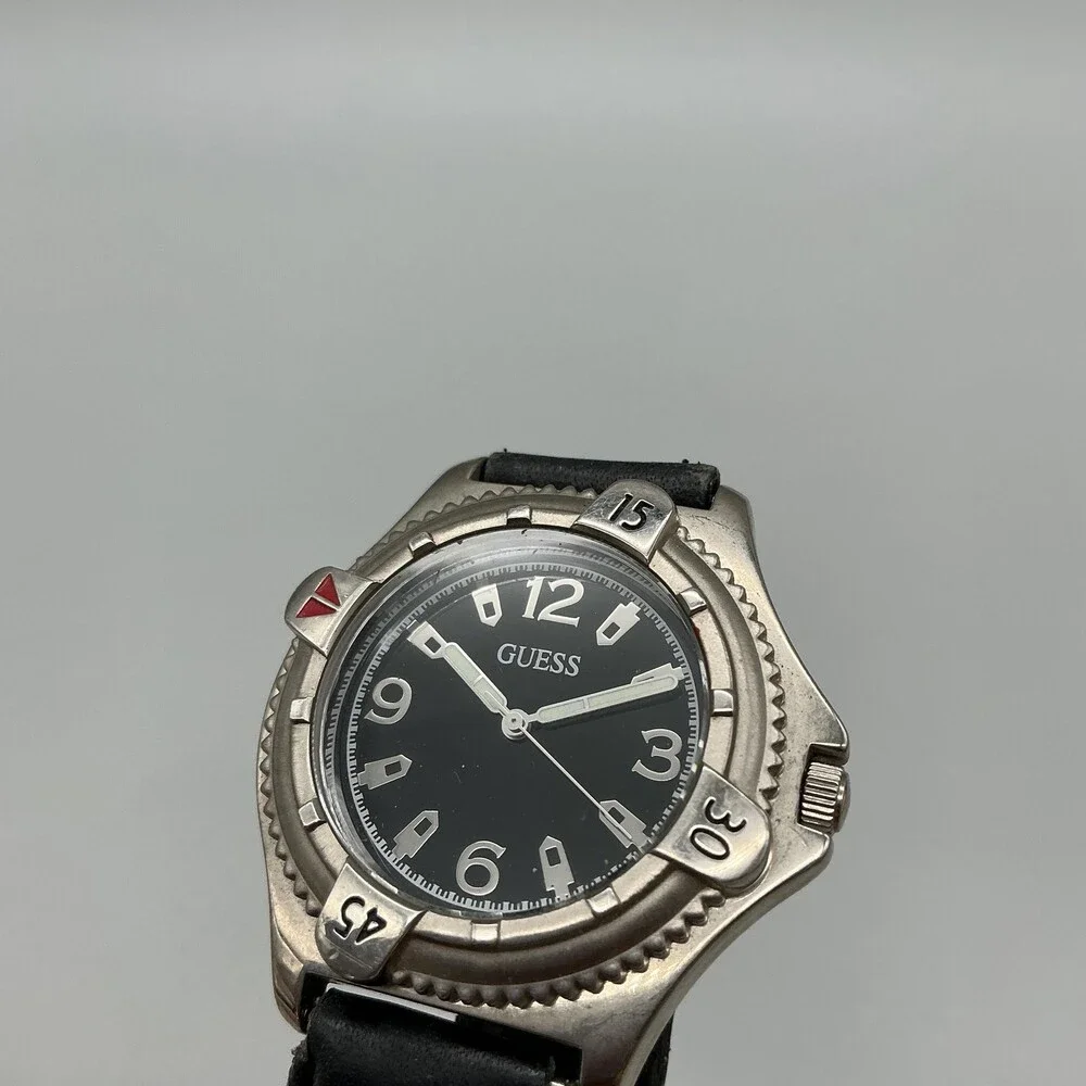 Vintage Guess Mens Watch 38mm Black Dial Silver Tone Leather Band New Battery